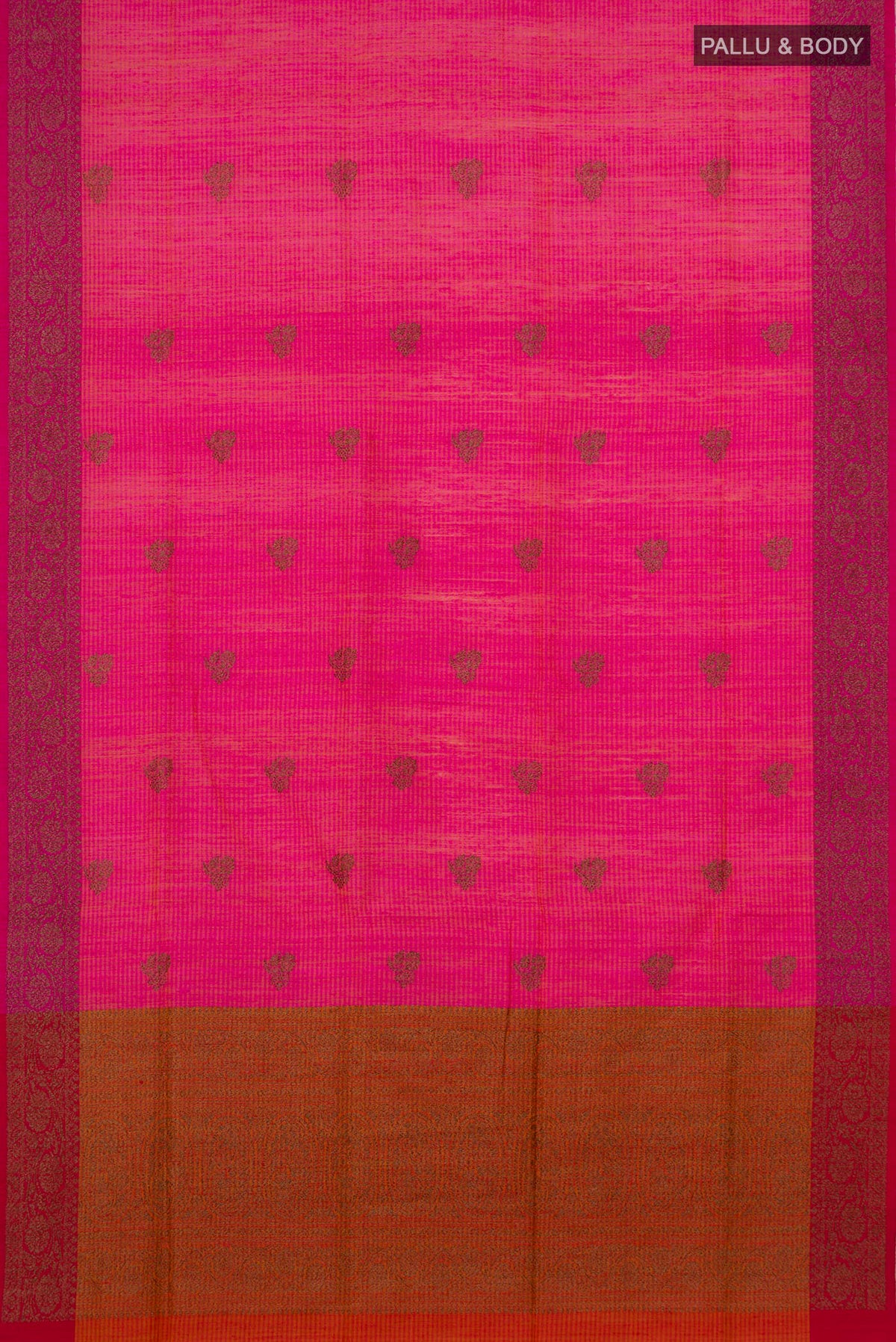 Flat view of Pure Silk Pink Banarasi Saree with Zari Butta on the body and Fancy Border. 