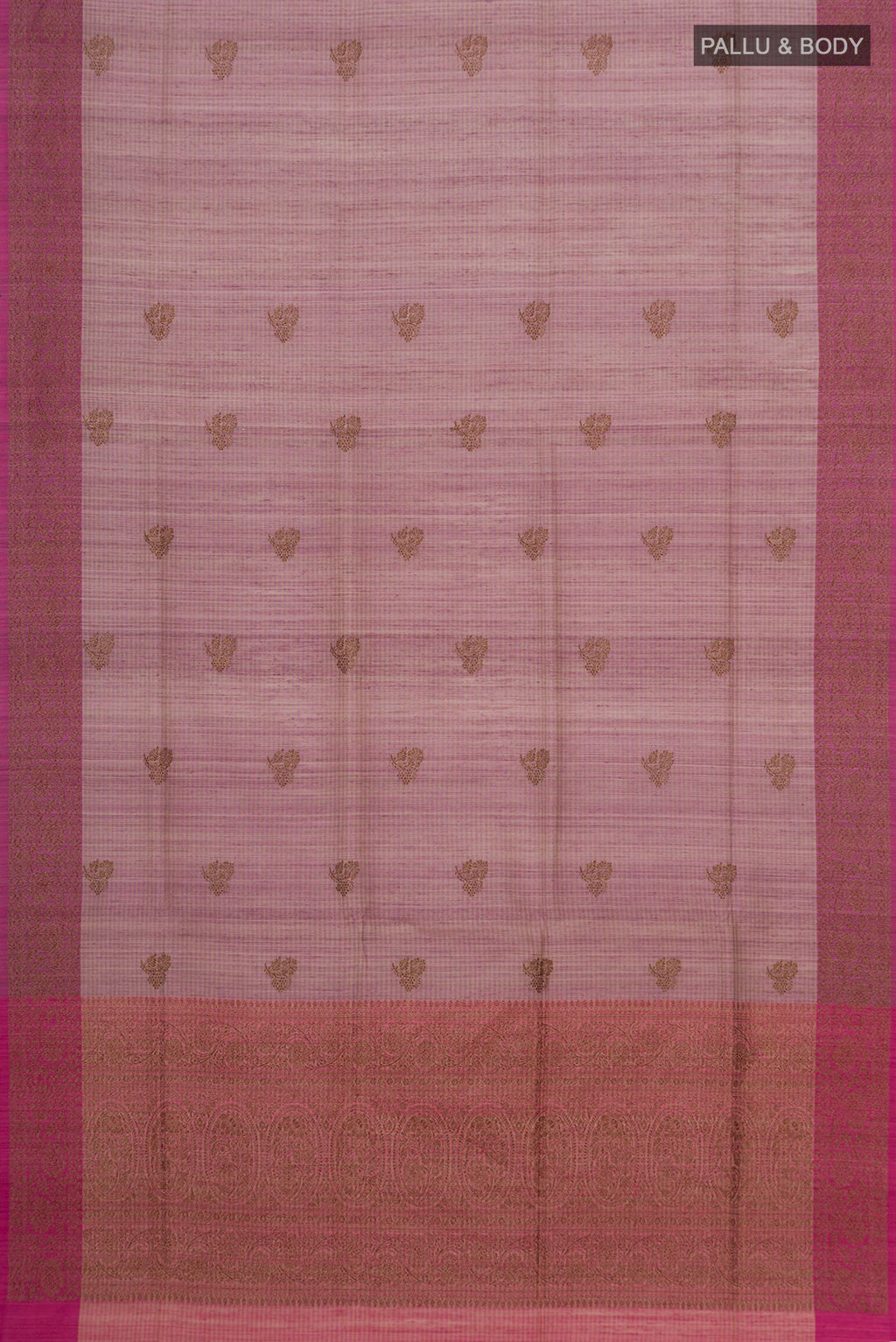 Flat view of Pure Silk Lavender Banarasi Tussar Saree with Zari Butta on the body and Fancy Border. 