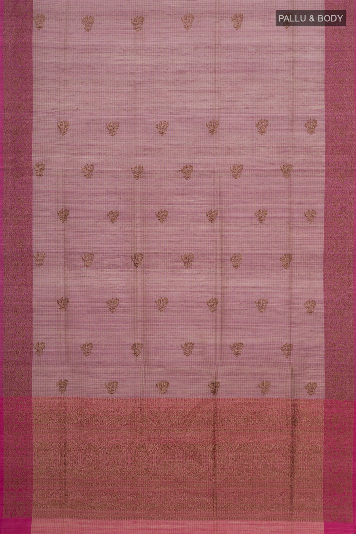 Flat view of Pure Silk Lavender Banarasi Tussar Saree with Zari Butta on the body and Fancy Border. 