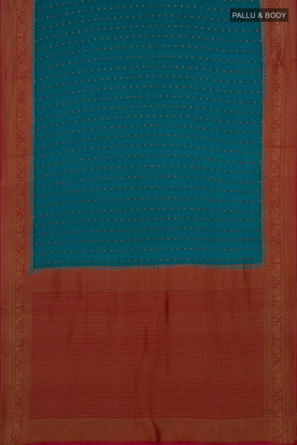 Flat view of Teal Crepe Saree with Zari Butta on the body and Zari Border. 