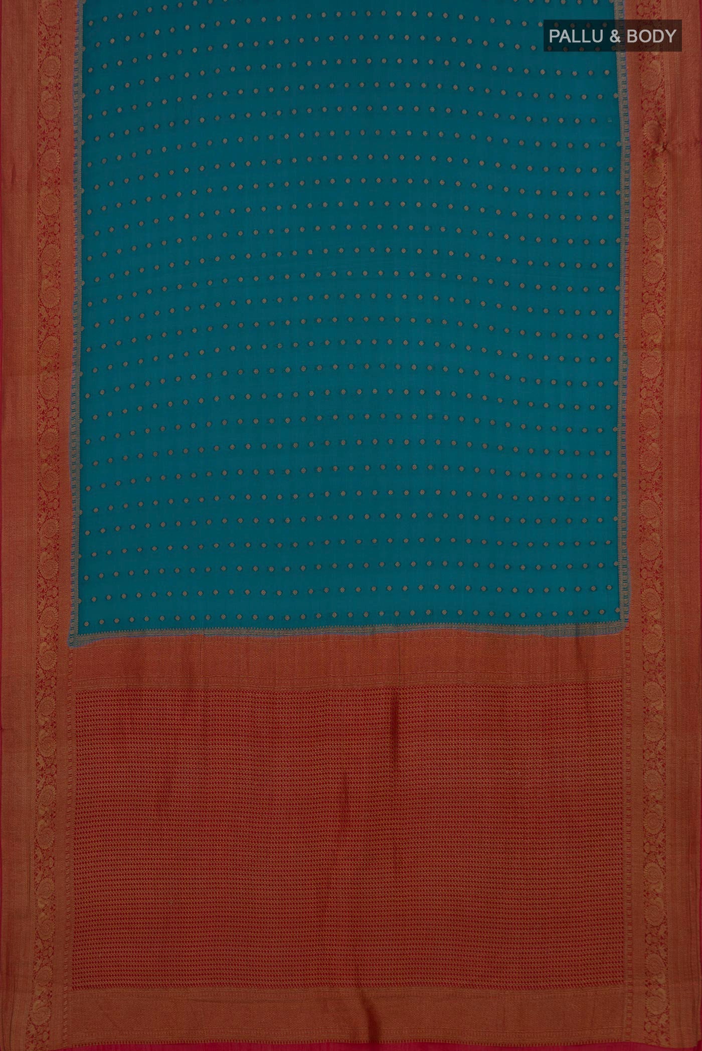 Flat view of Teal Crepe Saree with Zari Butta on the body and Zari Border. 