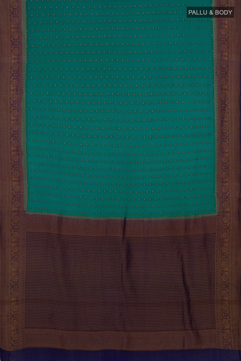 Flat view of Pure Silk Green Mysore Crepe Saree with Zari Butta on the body and Zari Border. 