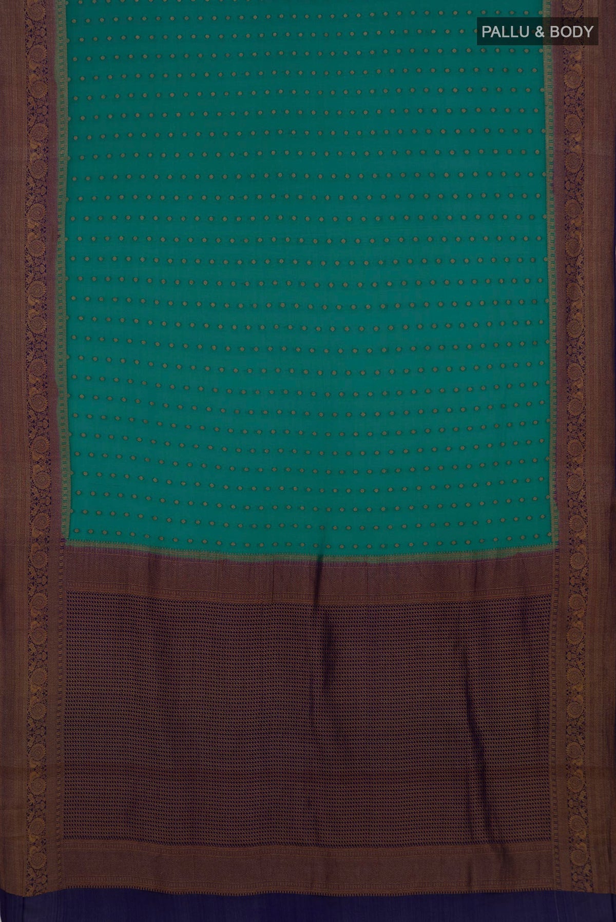 Flat view of Pure Silk Green Mysore Crepe Saree with Zari Butta on the body and Zari Border. 