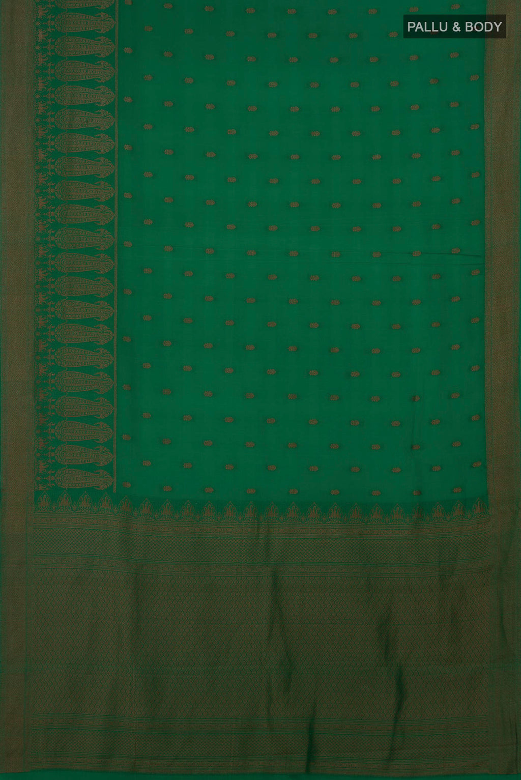 Flat view of Green Crepe Saree with Zari Butta on the body and Fancy Border. 