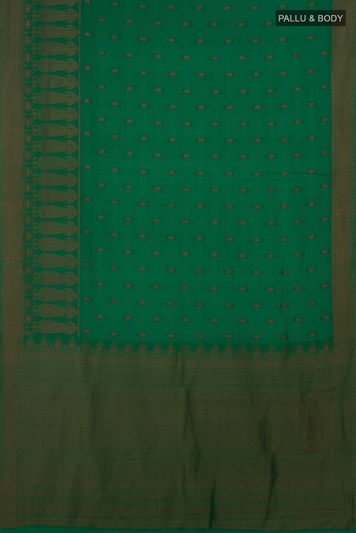 Flat view of Green Crepe Saree with Zari Butta on the body and Fancy Border. 