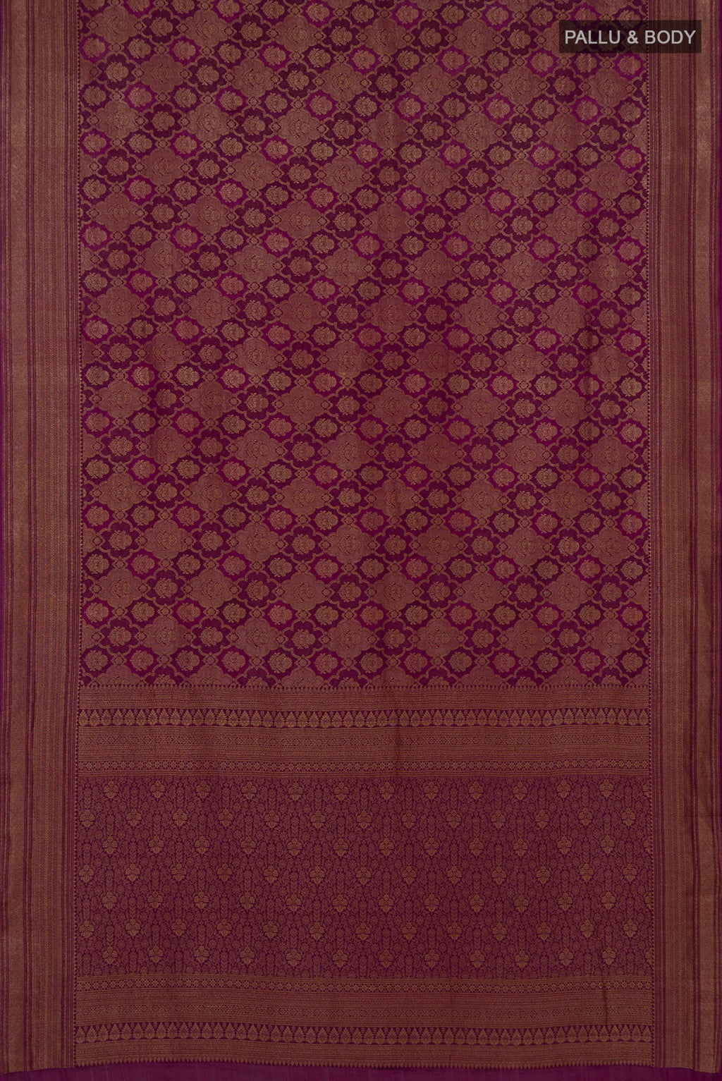 Flat view of Purple Mysore Crepe Saree with Zari Brocade on the body and Zari Border. 