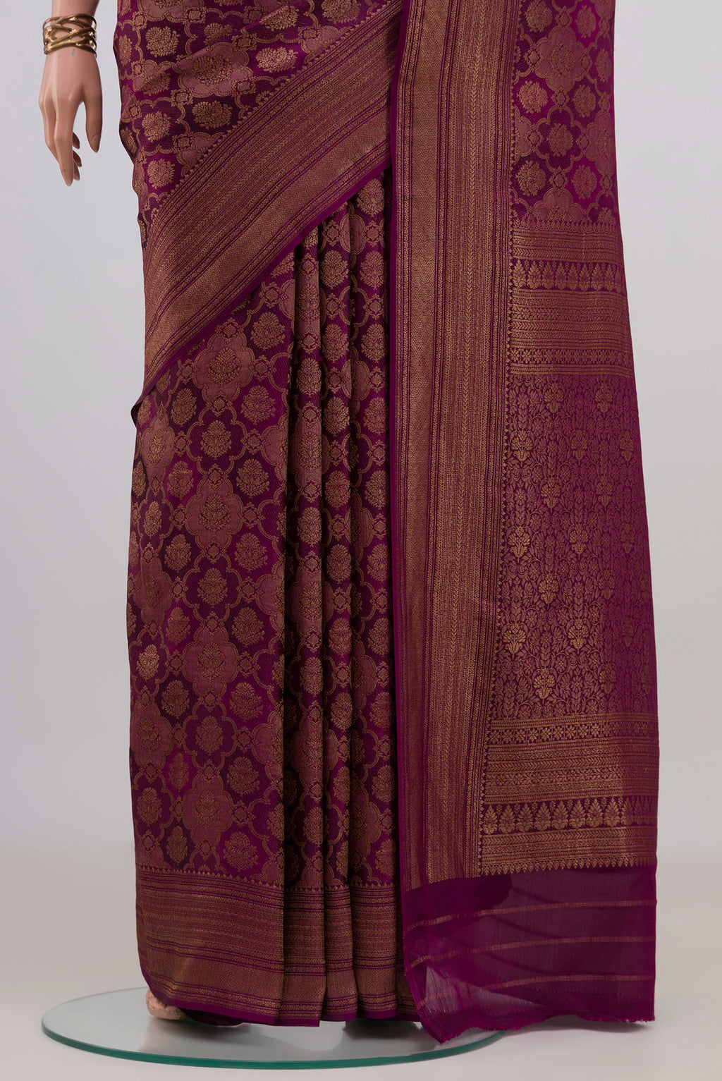 Pleats and pallu of Purple Mysore Crepe Saree with Zari Brocade on the body and Zari Border. 