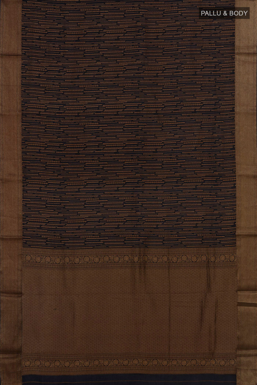 Flat view of Black Mysore Crepe Saree with Stripes on the body and Zari Border. 