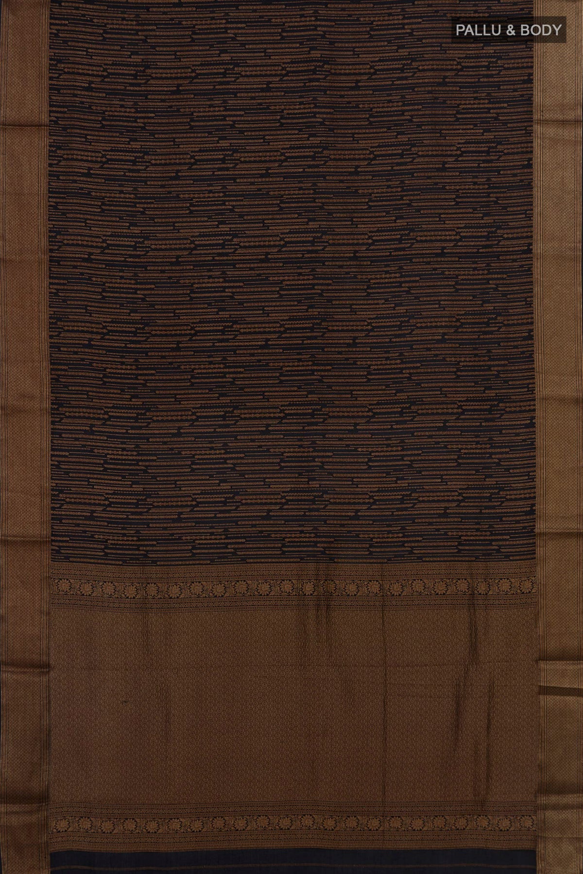 Flat view of Black Mysore Crepe Saree with Stripes on the body and Zari Border. 