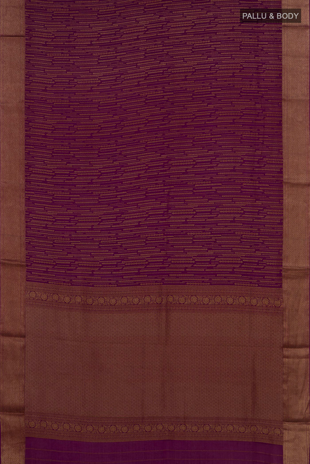 Flat view of Purple Mysore Crepe Saree with Stripes on the body and Zari Border. 