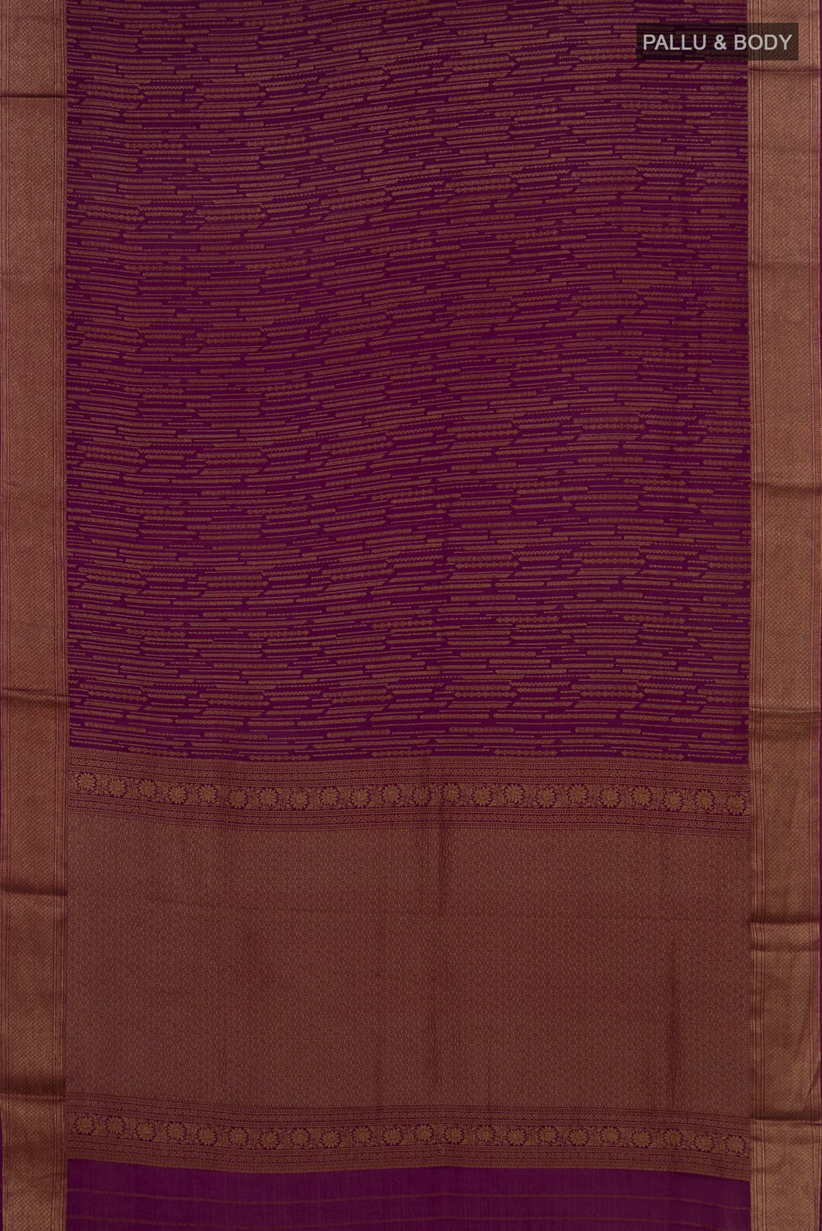 Flat view of Purple Mysore Crepe Saree with Stripes on the body and Zari Border. 
