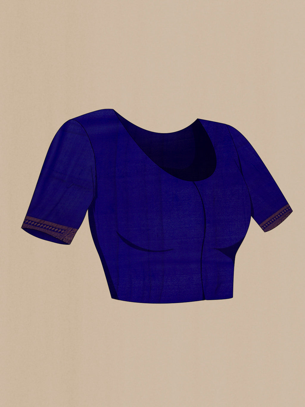 Close up image of the blouse of Royal Blue Crepe Saree with Zari Brocade on the body and Fancy Border. 
