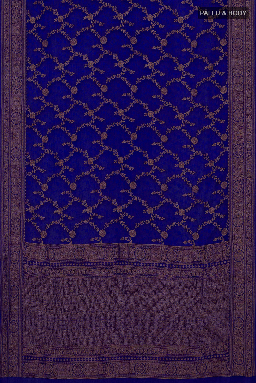 Flat view of Royal Blue Crepe Saree with Zari Brocade on the body and Fancy Border. 