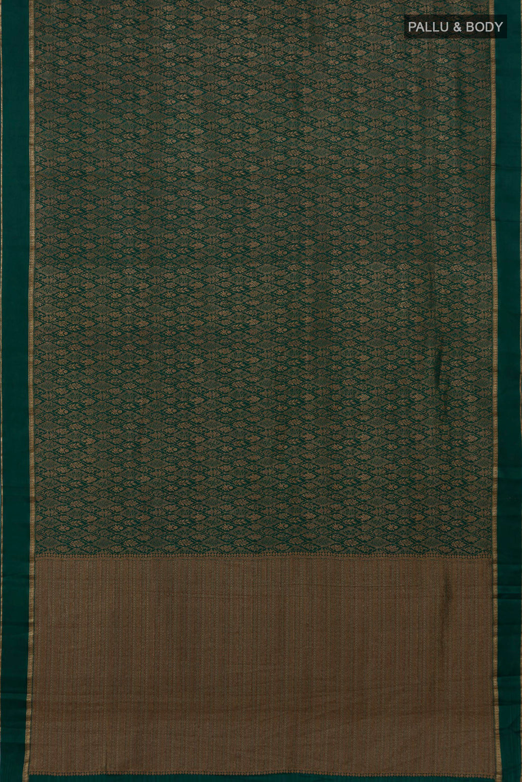 Flat view of Bottle Green Mysore Crepe Saree with Zari Brocade on the body and Thin Zari Line. 