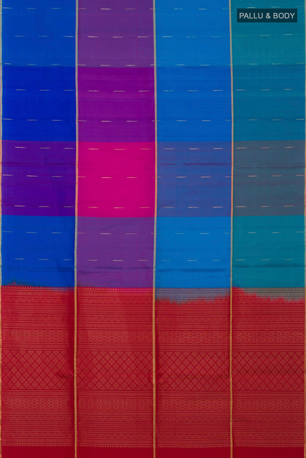 Flat view of Multi Color Soft Silk Saree with Zari Butta on the body and Thin Zari Line. 
