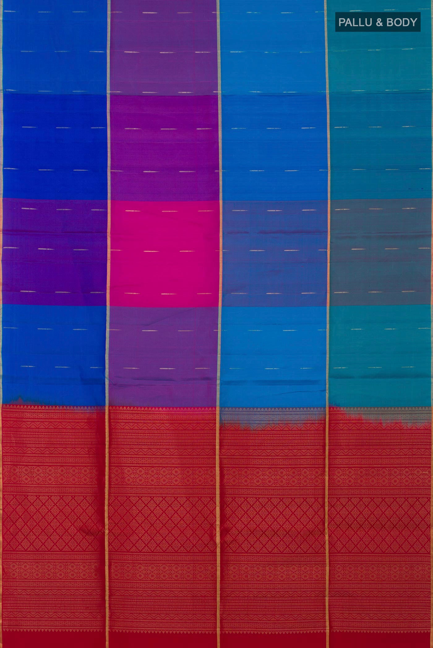 Flat view of Multi Color Soft Silk Saree with Zari Butta on the body and Thin Zari Line. 