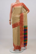 Pure Silk Beige Soft Saree with Plain Body and Zari Border.  displayed on a mannequin