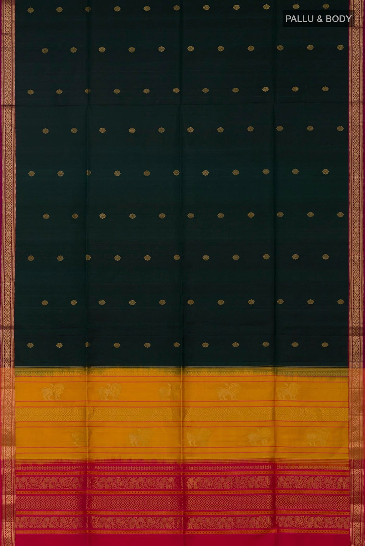 Flat view of Bottle Green Soft Silk Saree with Zari Butta on the body and Zari Border. 