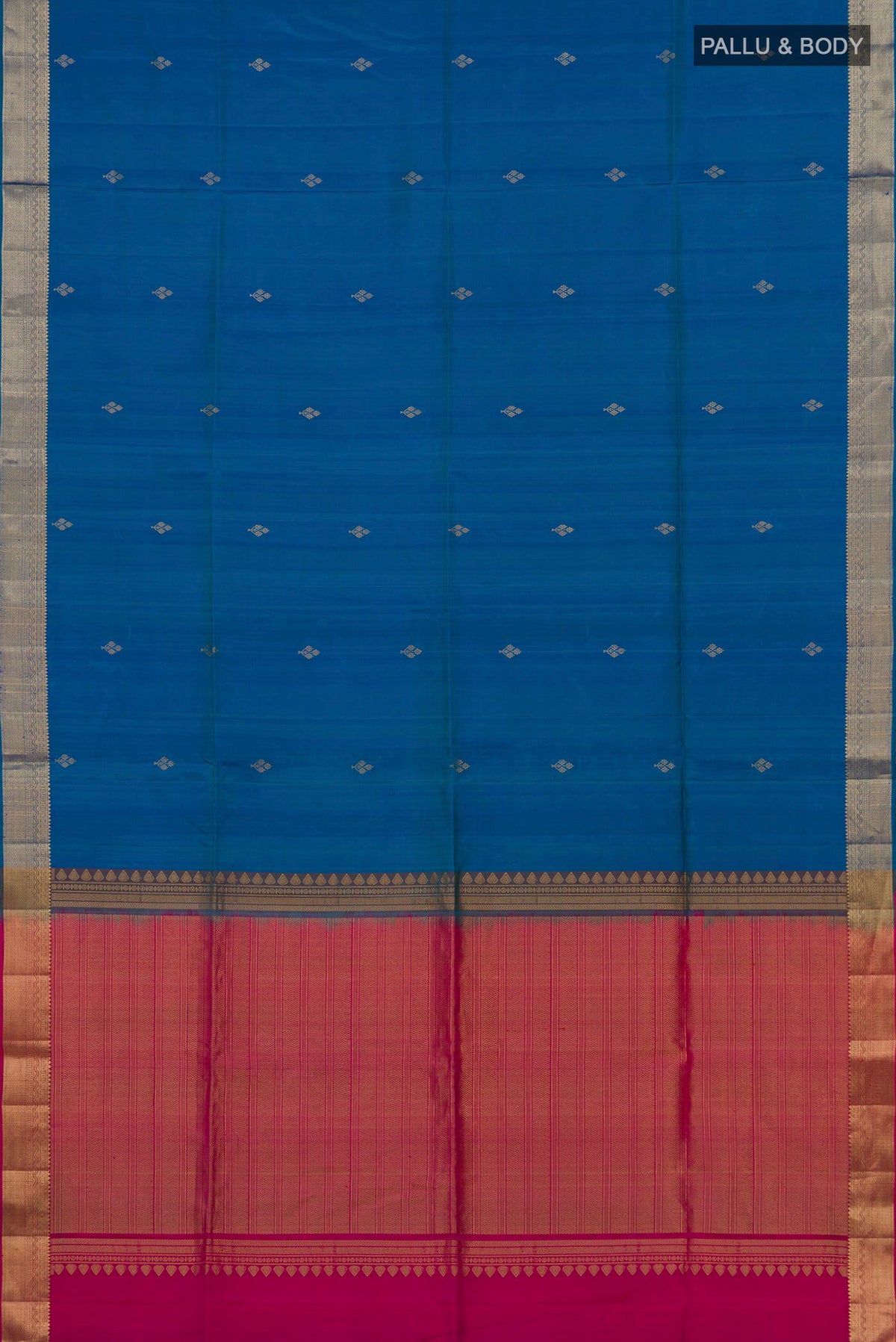 Flat view of Pure Silk Blue Soft Saree with Zari Butta on the body and Zari Border. 