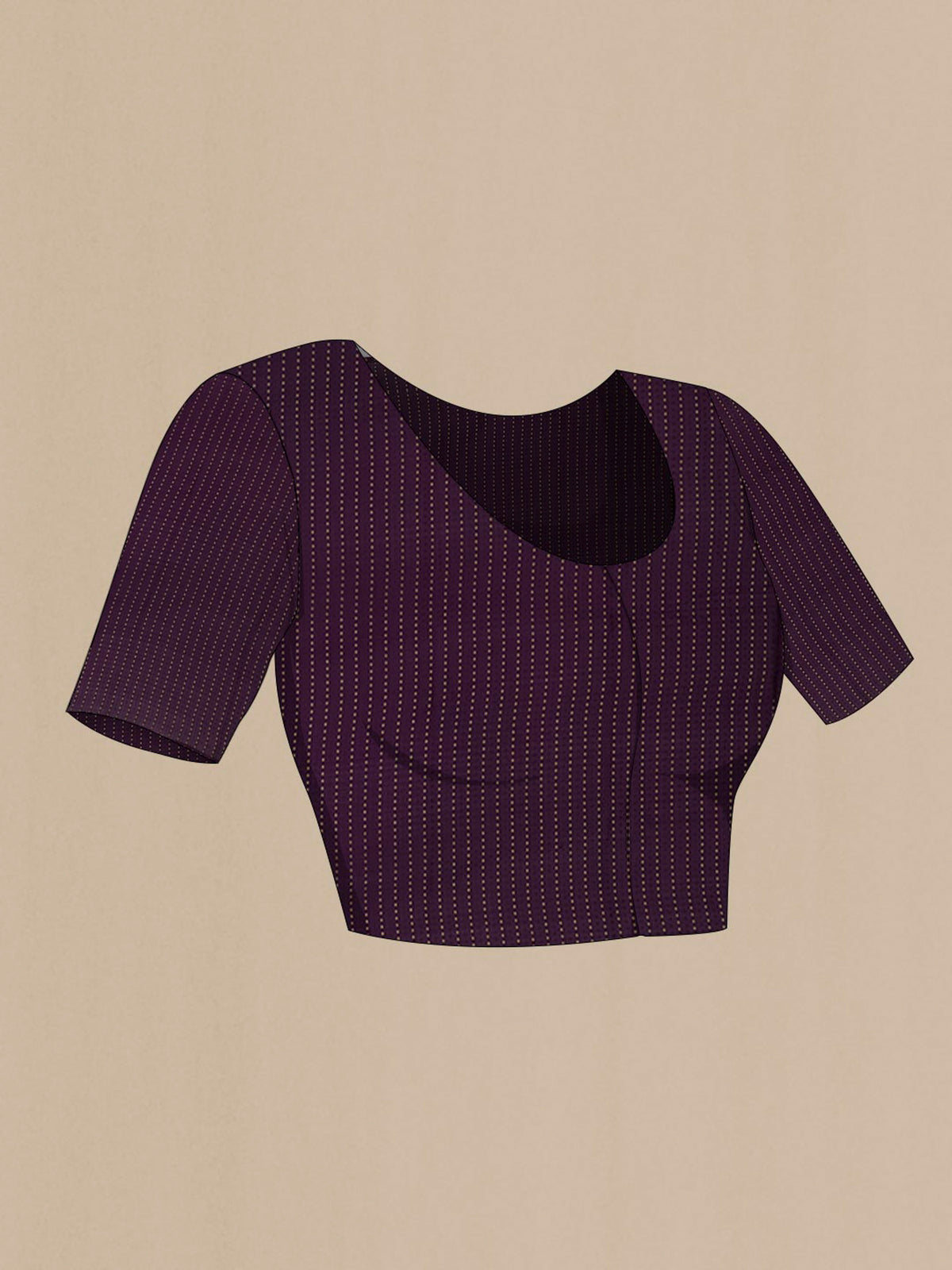 Close up image of the blouse of Purple Mysore Crepe Saree with Plain Body and Fancy Border. 
