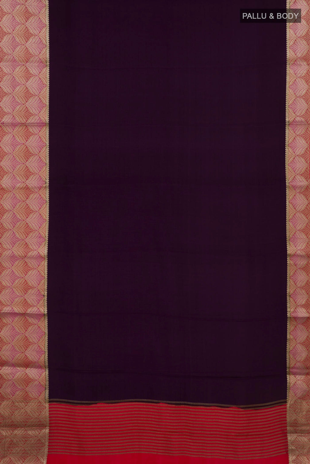 Flat view of Purple Mysore Crepe Saree with Plain Body and Fancy Border. 