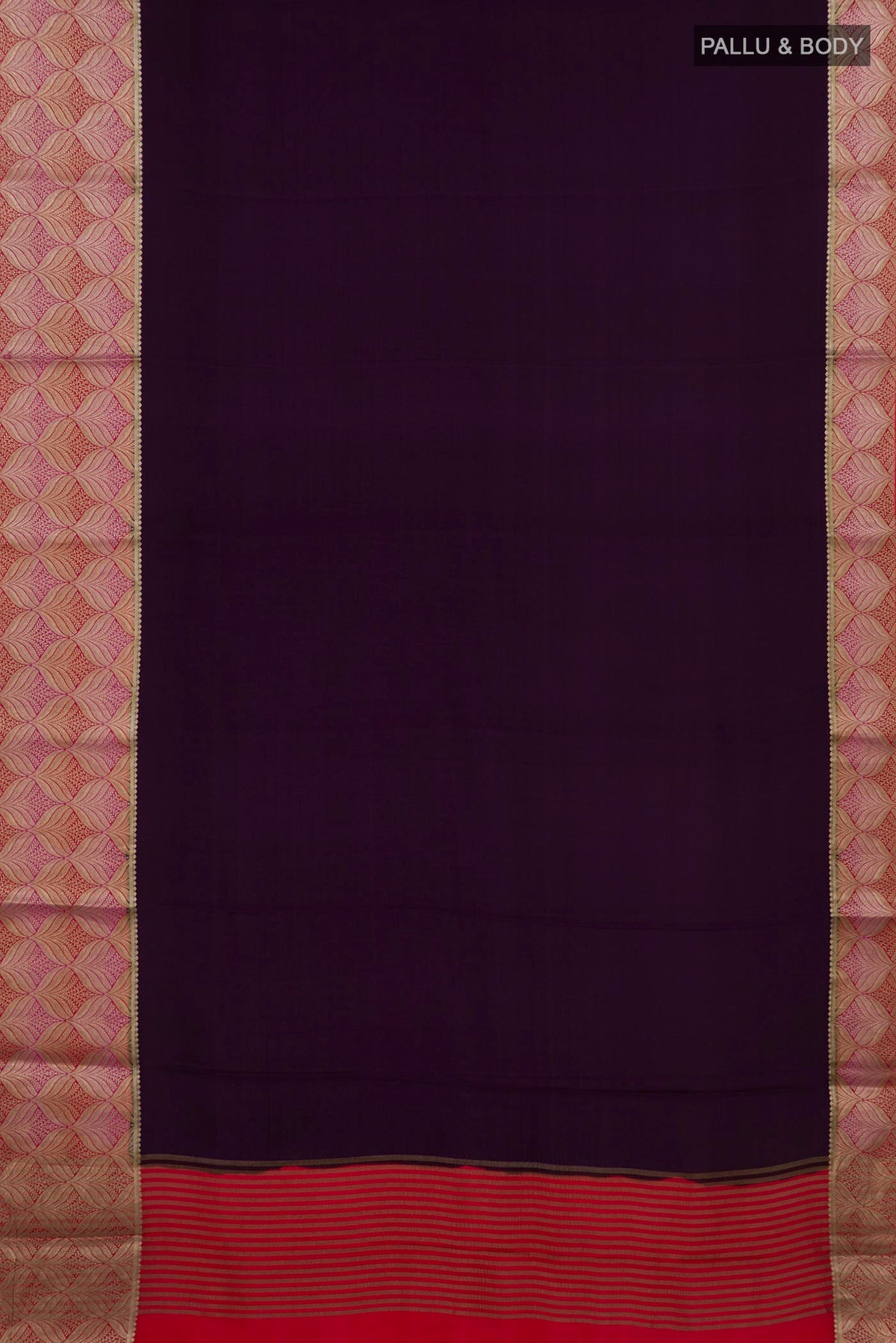 Flat view of Purple Mysore Crepe Saree with Plain Body and Fancy Border. 