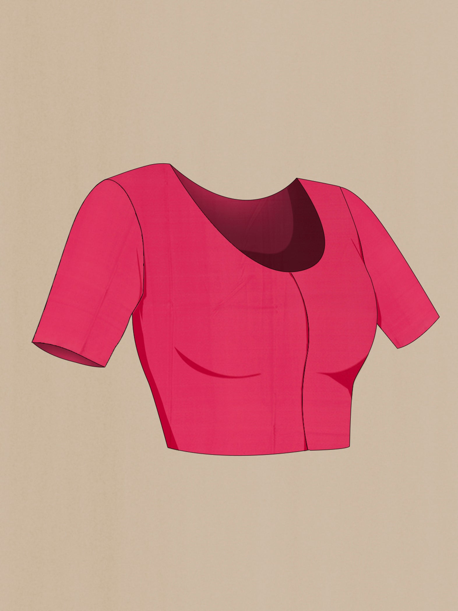 Close up image of the blouse of Peach Mysore Crepe Saree with Plain Body and Thin Zari Line. 