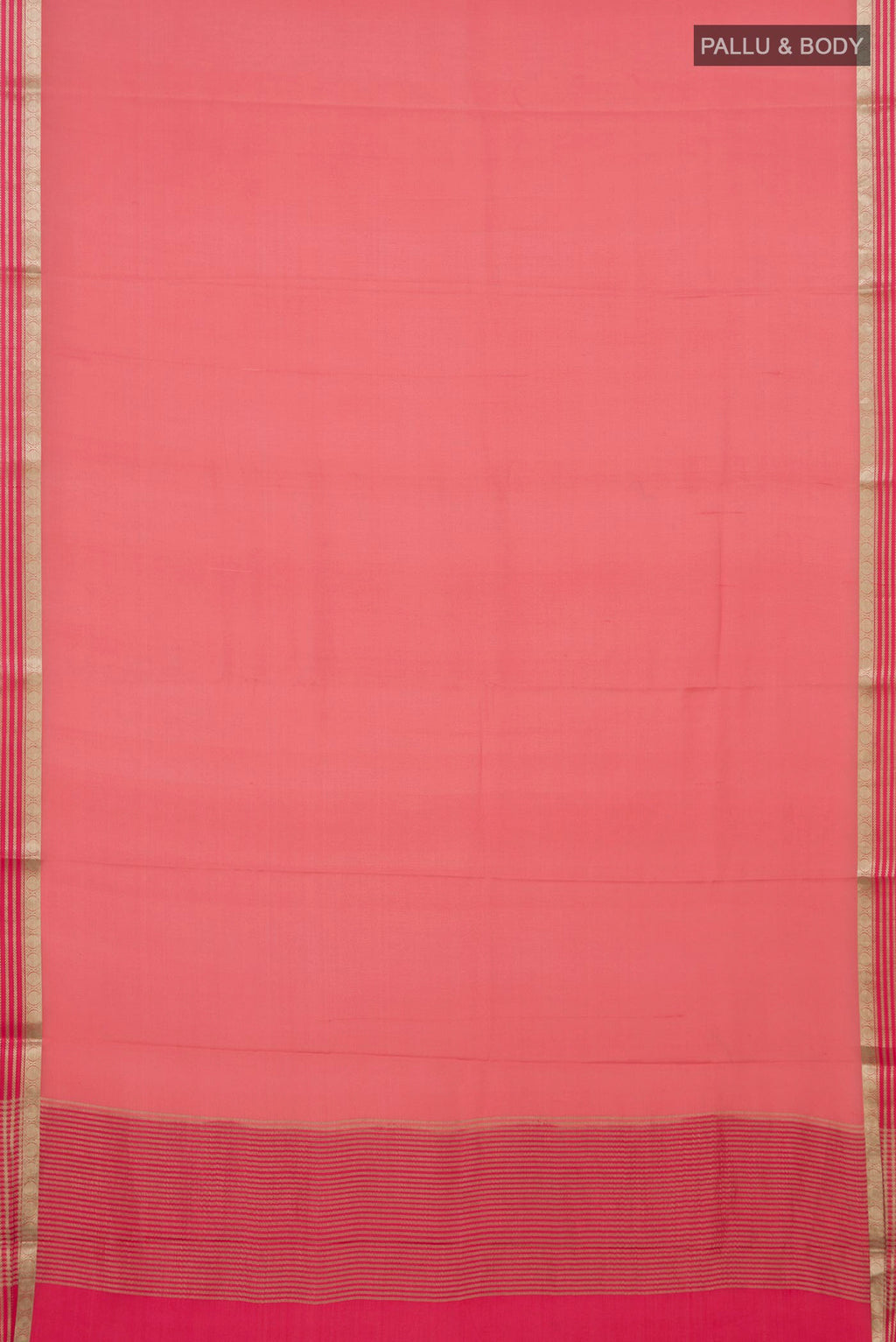 Flat view of Peach Mysore Crepe Saree with Plain Body and Thin Zari Line. 
