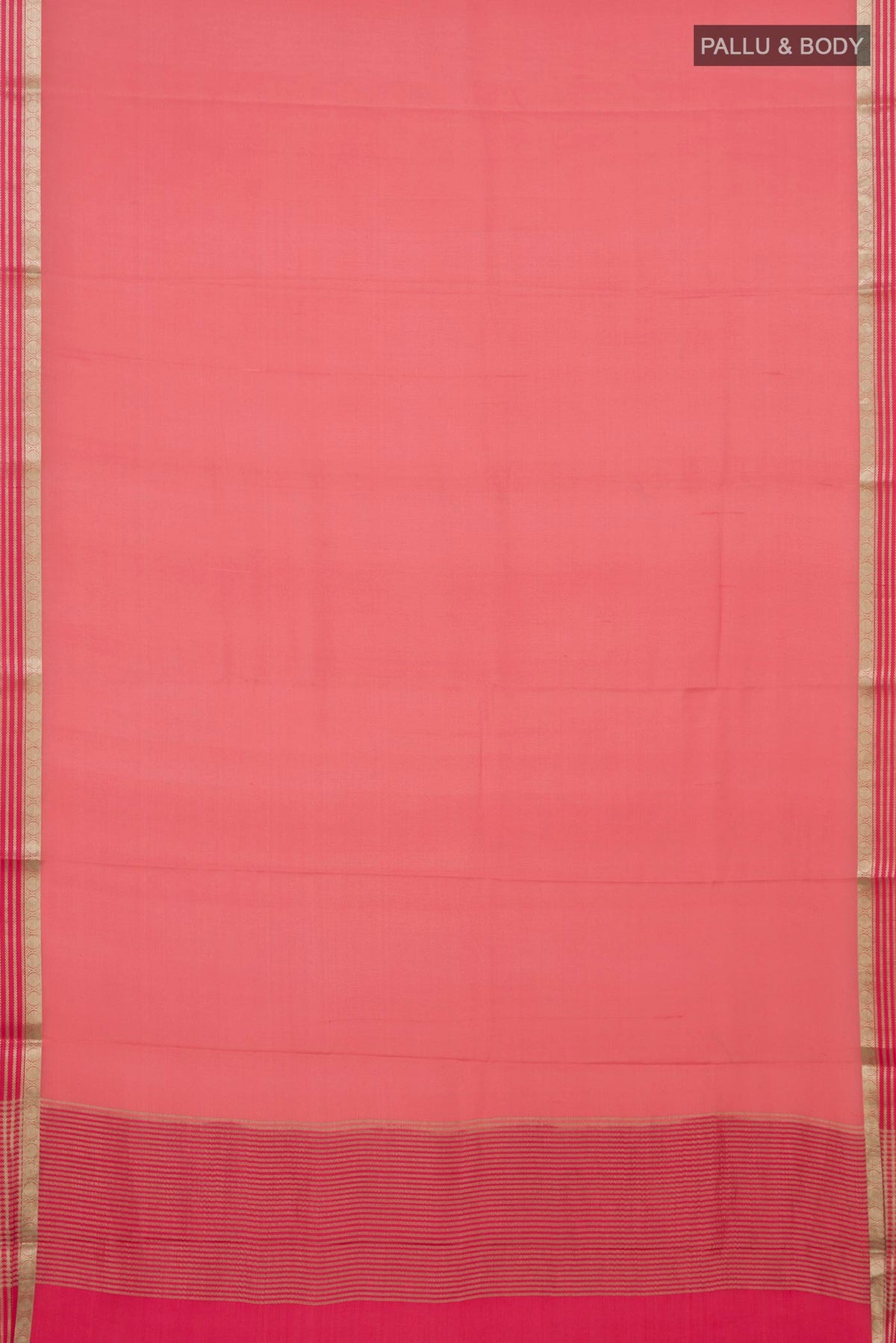 Flat view of Peach Mysore Crepe Saree with Plain Body and Thin Zari Line. 