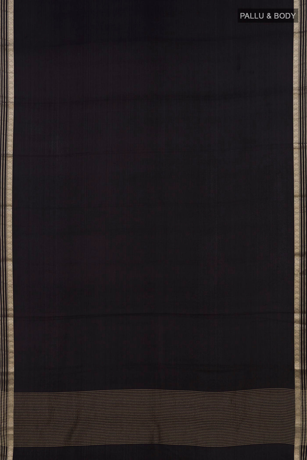 Flat view of Black Mysore Crepe Saree with Plain Body and Zari Border. 