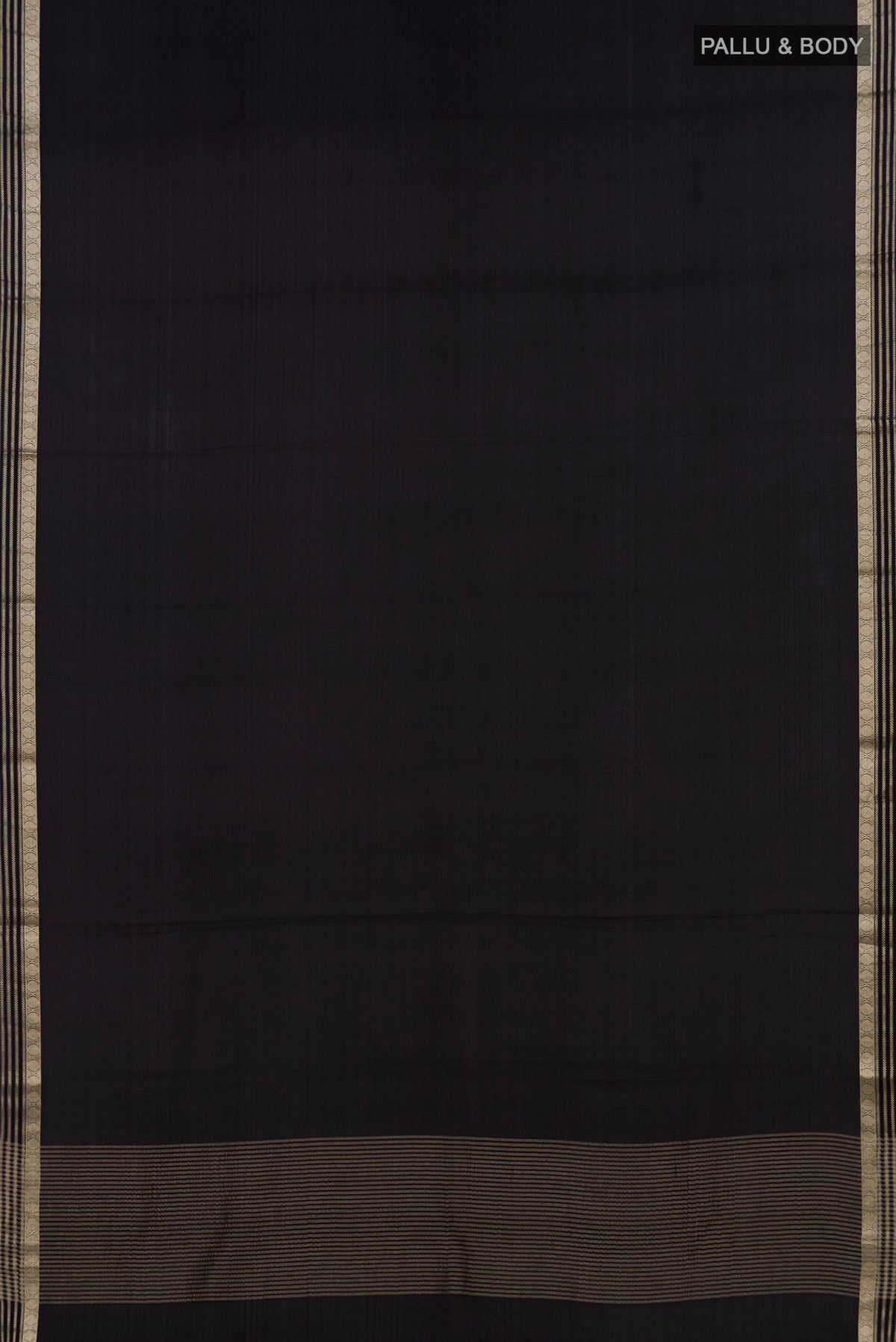 Flat view of Black Mysore Crepe Saree with Plain Body and Zari Border. 
