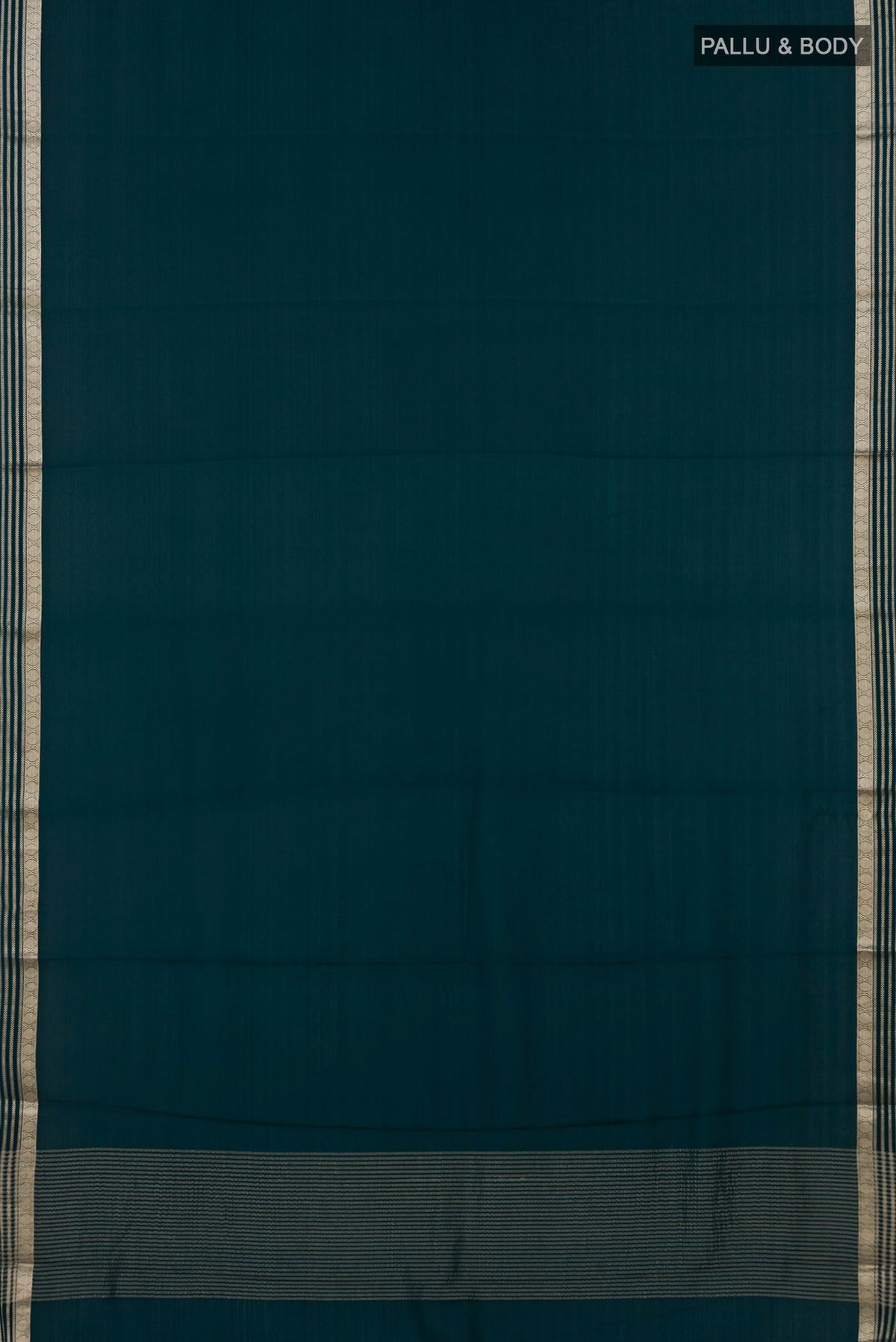 Flat view of Green Mysore Crepe Saree with Plain Body and Zari Border. 