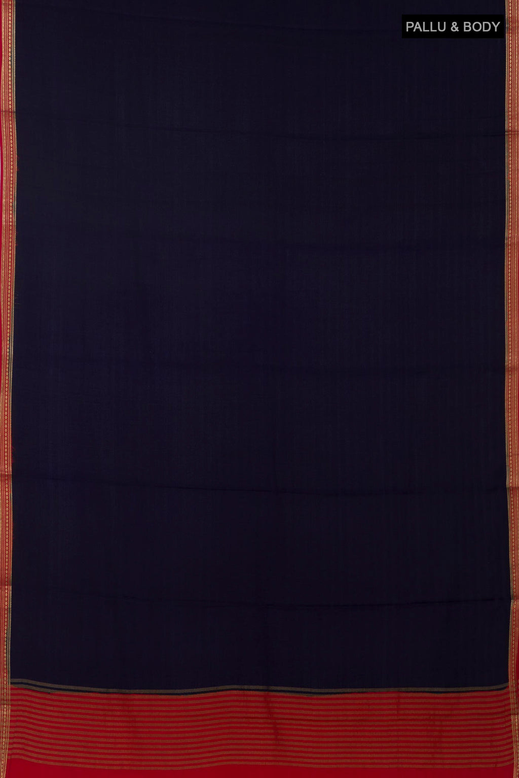 Flat view of Navy Blue Mysore Crepe Saree with Plain Body and Zari Border. 