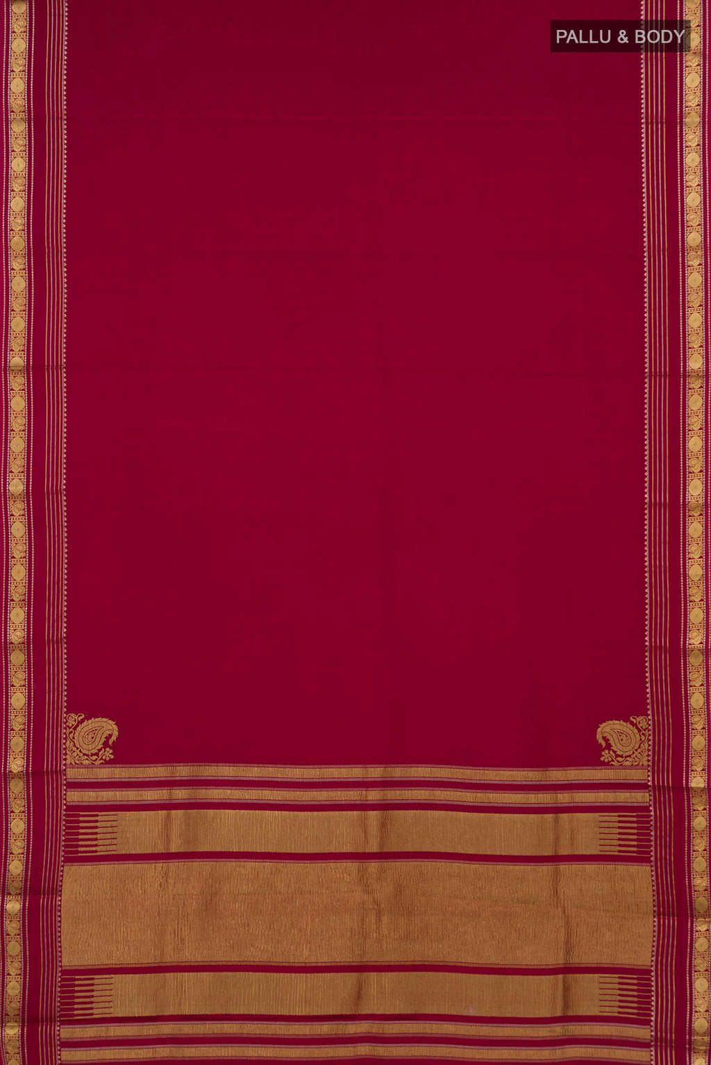 Flat view of Dark Pink Mysore Crepe Saree with Plain Body and Fancy Border. 