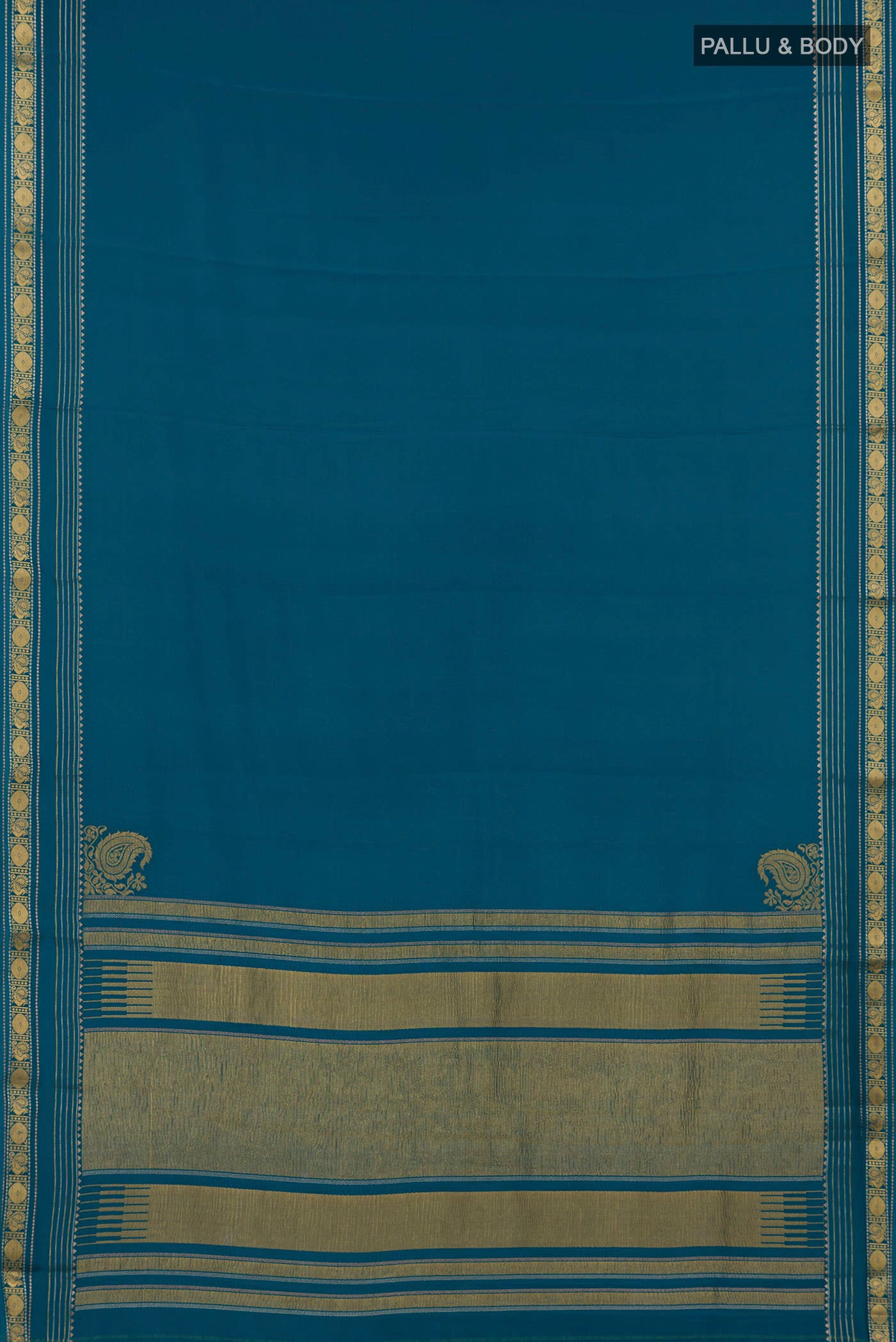 Flat view of Blue Mysore Crepe Saree with Plain Body and Thin Zari Line. 