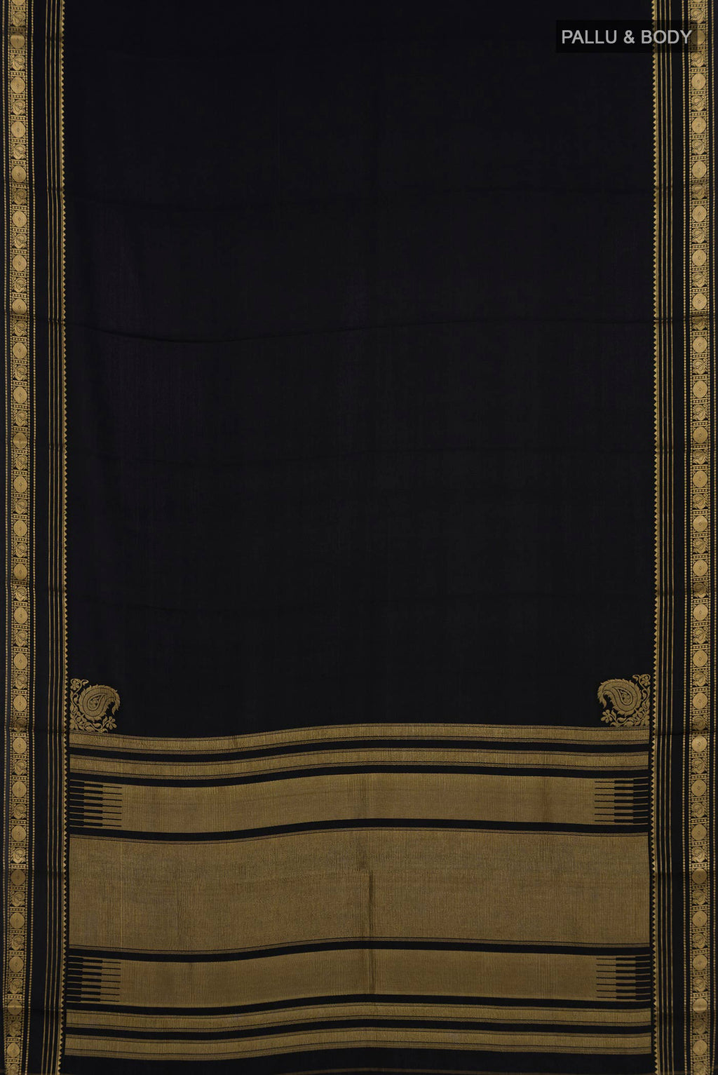 Flat view of Black Crepe Saree with Plain Body and Zari Border. 