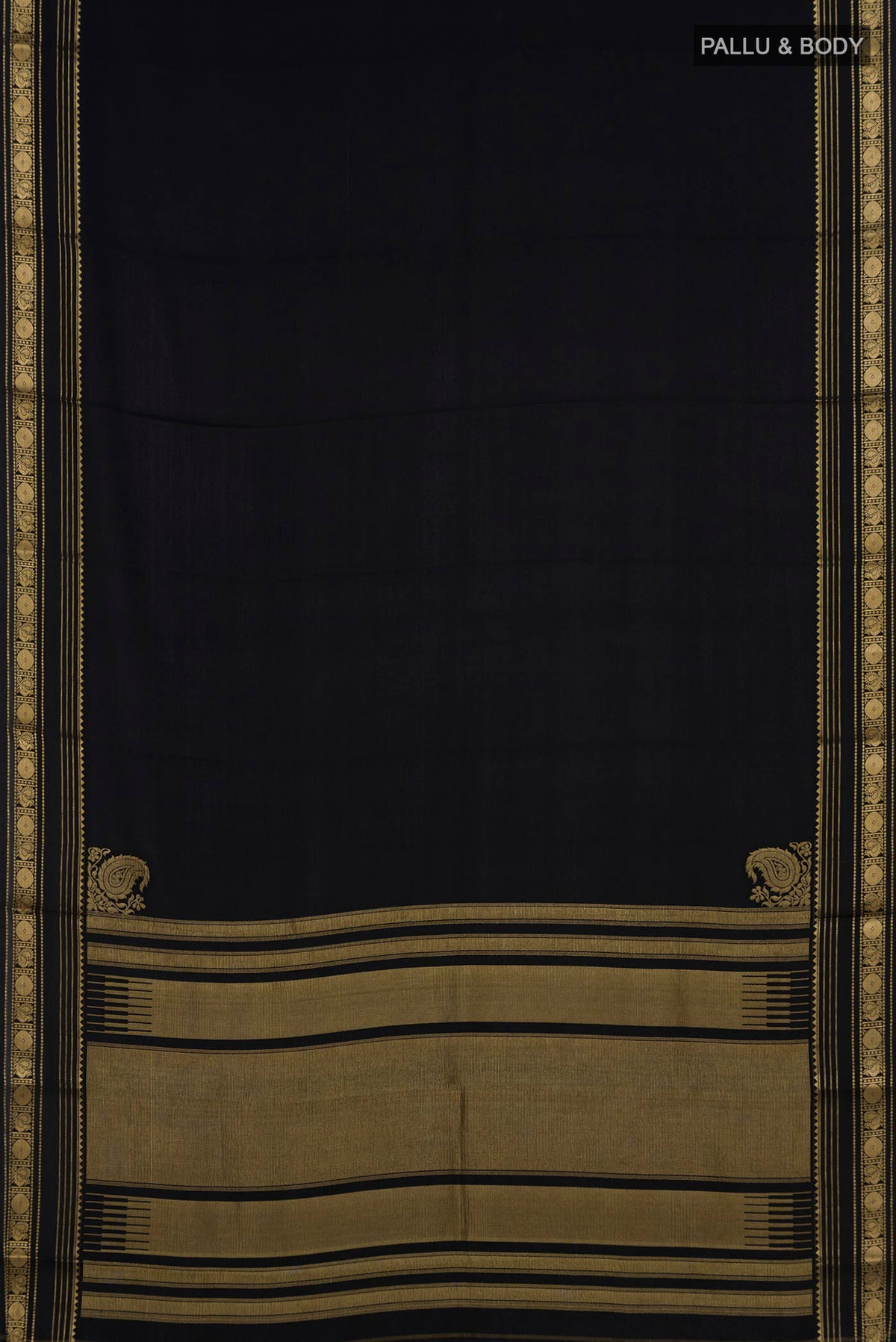 Flat view of Black Crepe Saree with Plain Body and Zari Border. 