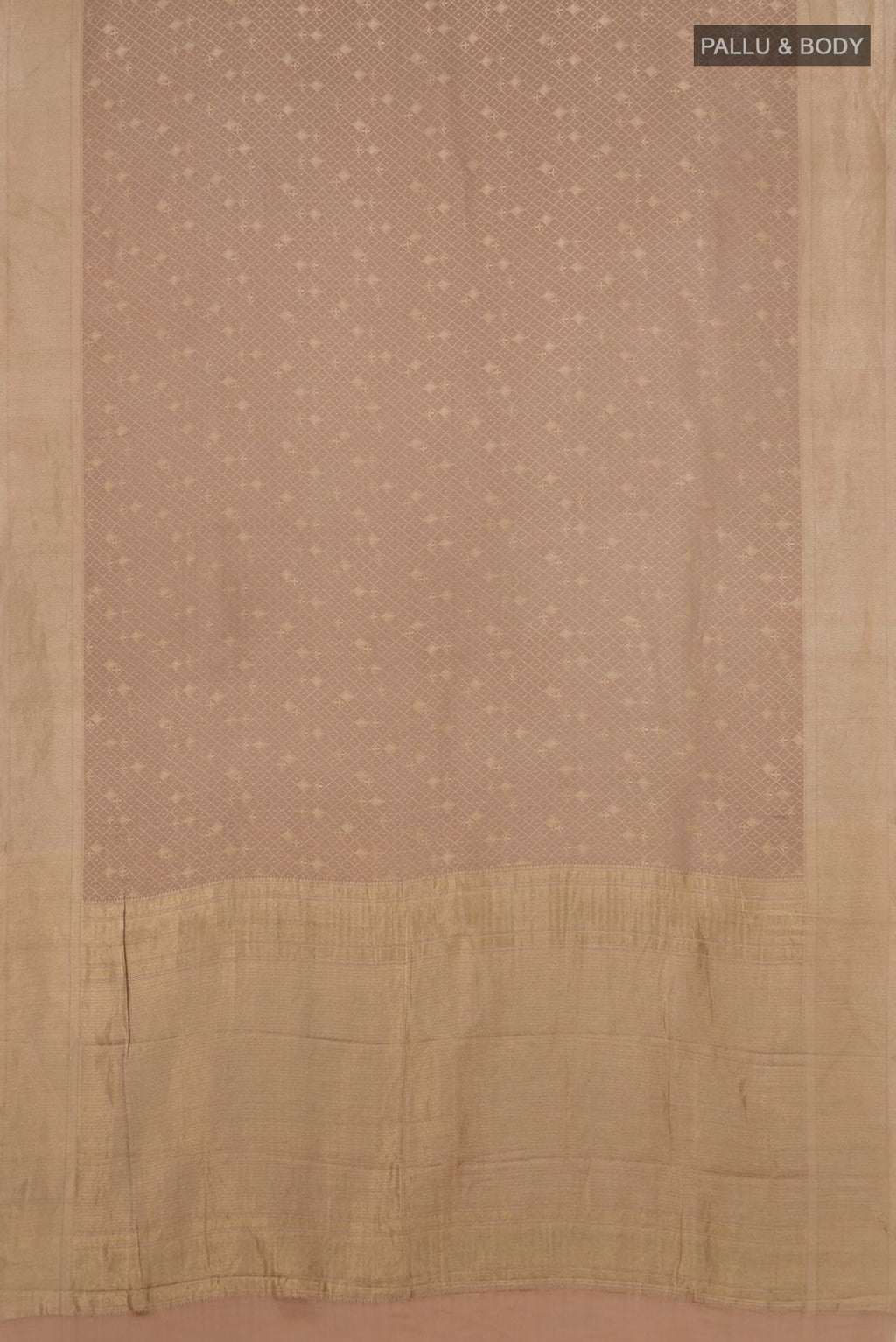 Flat view of Beige Mysore Crepe Saree with Zari Brocade on the body and Zari Border. 