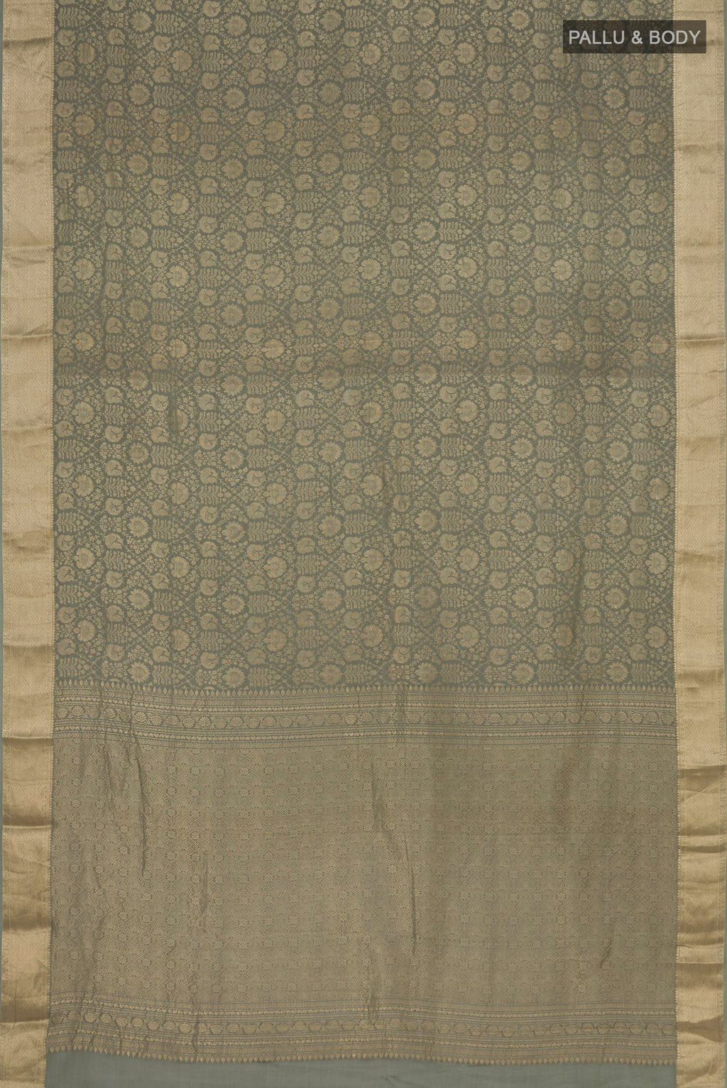 Flat view of Sage Green Mysore Crepe Saree with Zari Brocade on the body and Zari Border. 