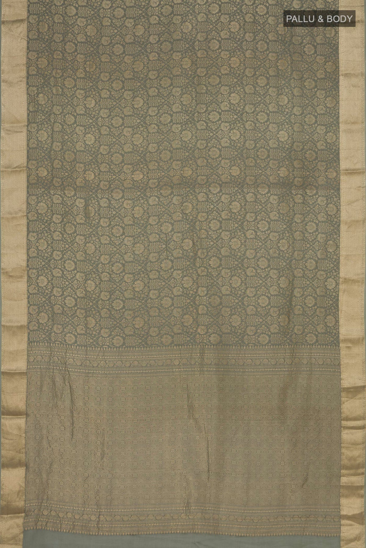 Flat view of Sage Green Mysore Crepe Saree with Zari Brocade on the body and Zari Border. 