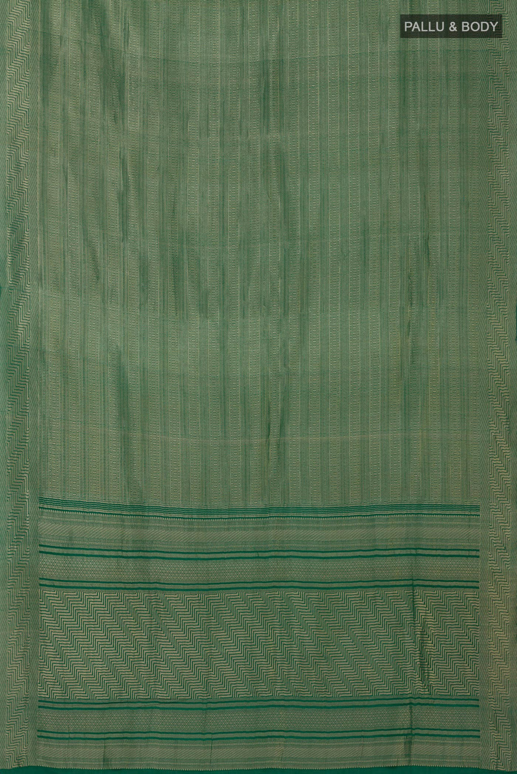Flat view of Green Banarasi Silk Saree with Zari Brocade on the body and Zari Border. 