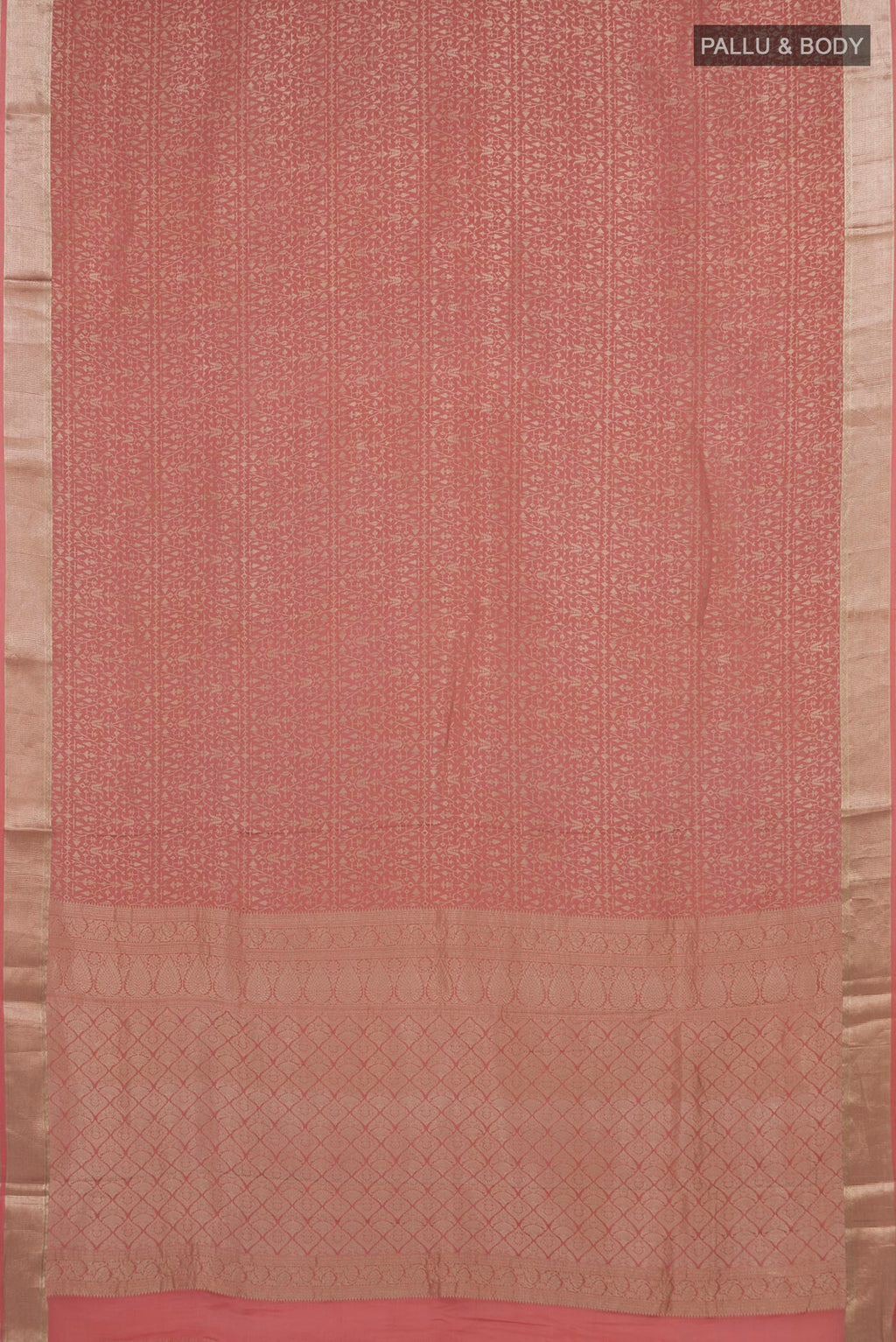 Flat view of Peach Mysore Crepe Saree with Zari Brocade on the body and Zari Border. 