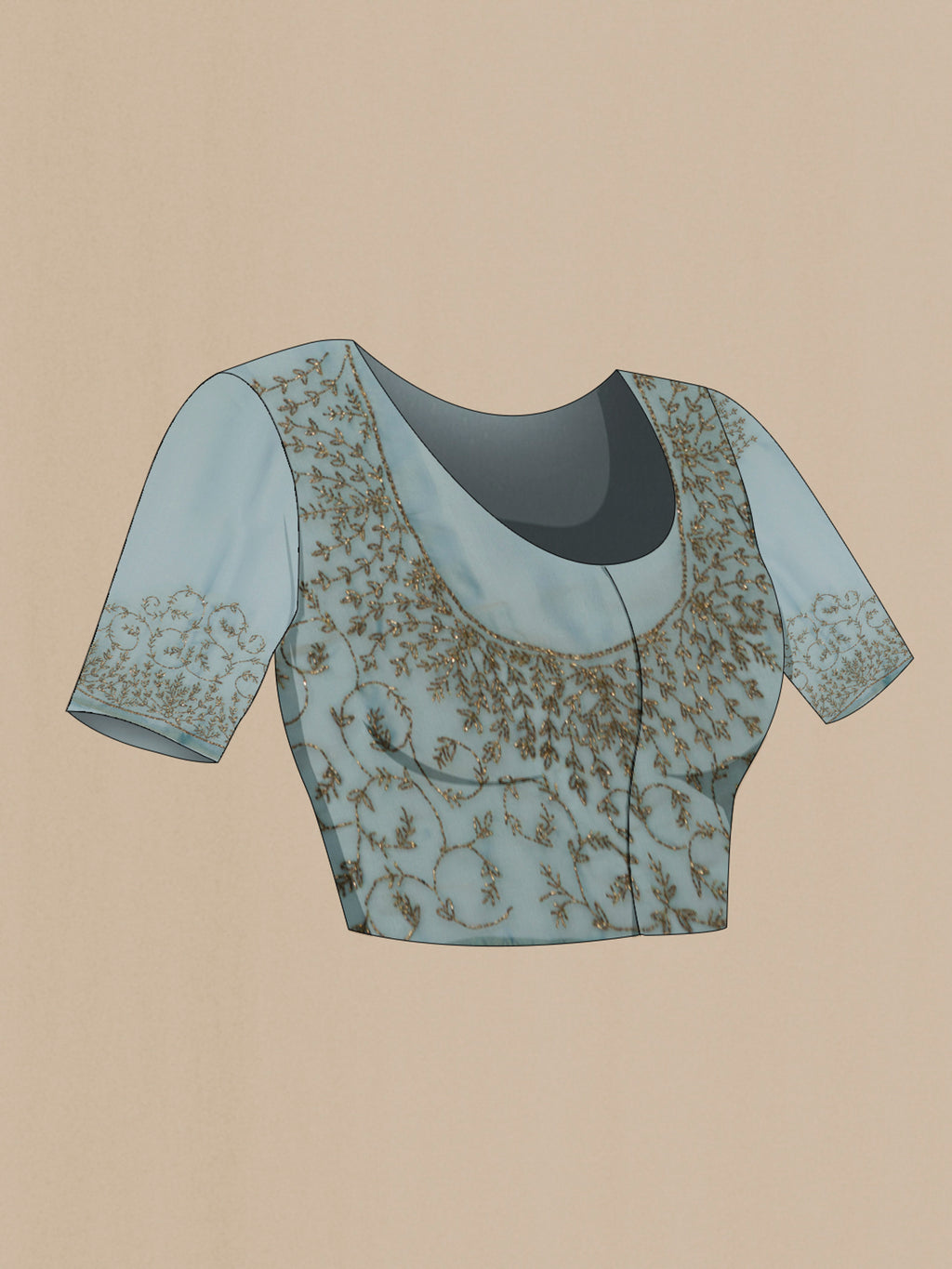 Close up image of the blouse of Blue Grey Organza Silk Saree with Embroidery on the body and Embroidery Border. 