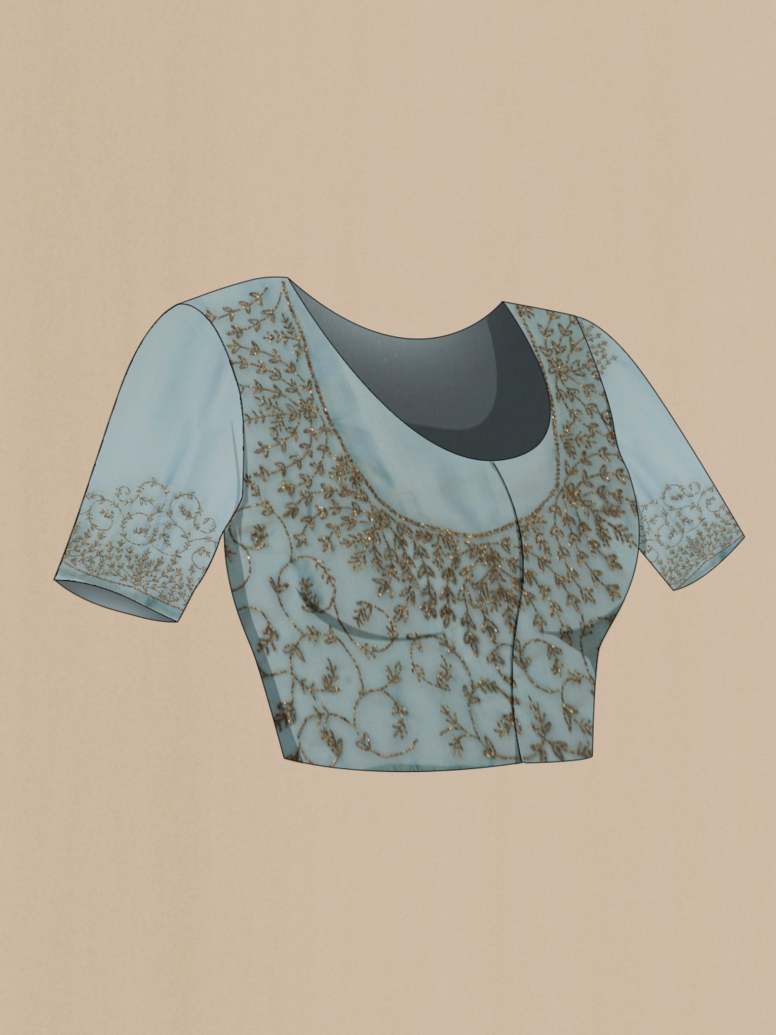 Close up image of the blouse of Blue Grey Organza Silk Saree with Embroidery on the body and Embroidery Border. 