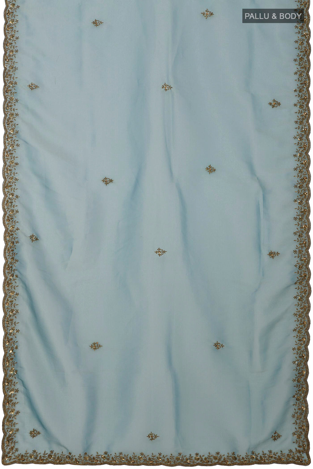 Flat view of Blue Grey Organza Silk Saree with Embroidery on the body and Embroidery Border. 
