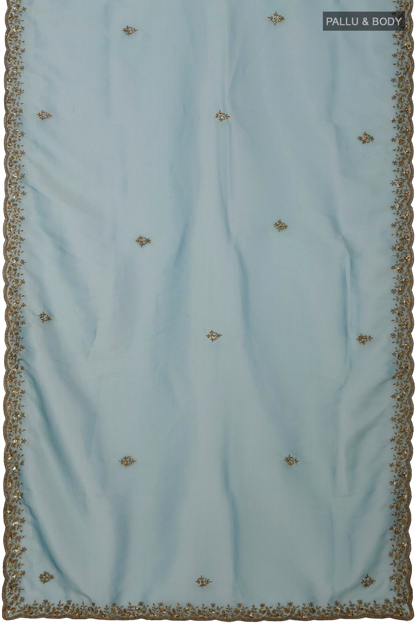 Flat view of Blue Grey Organza Silk Saree with Embroidery on the body and Embroidery Border. 