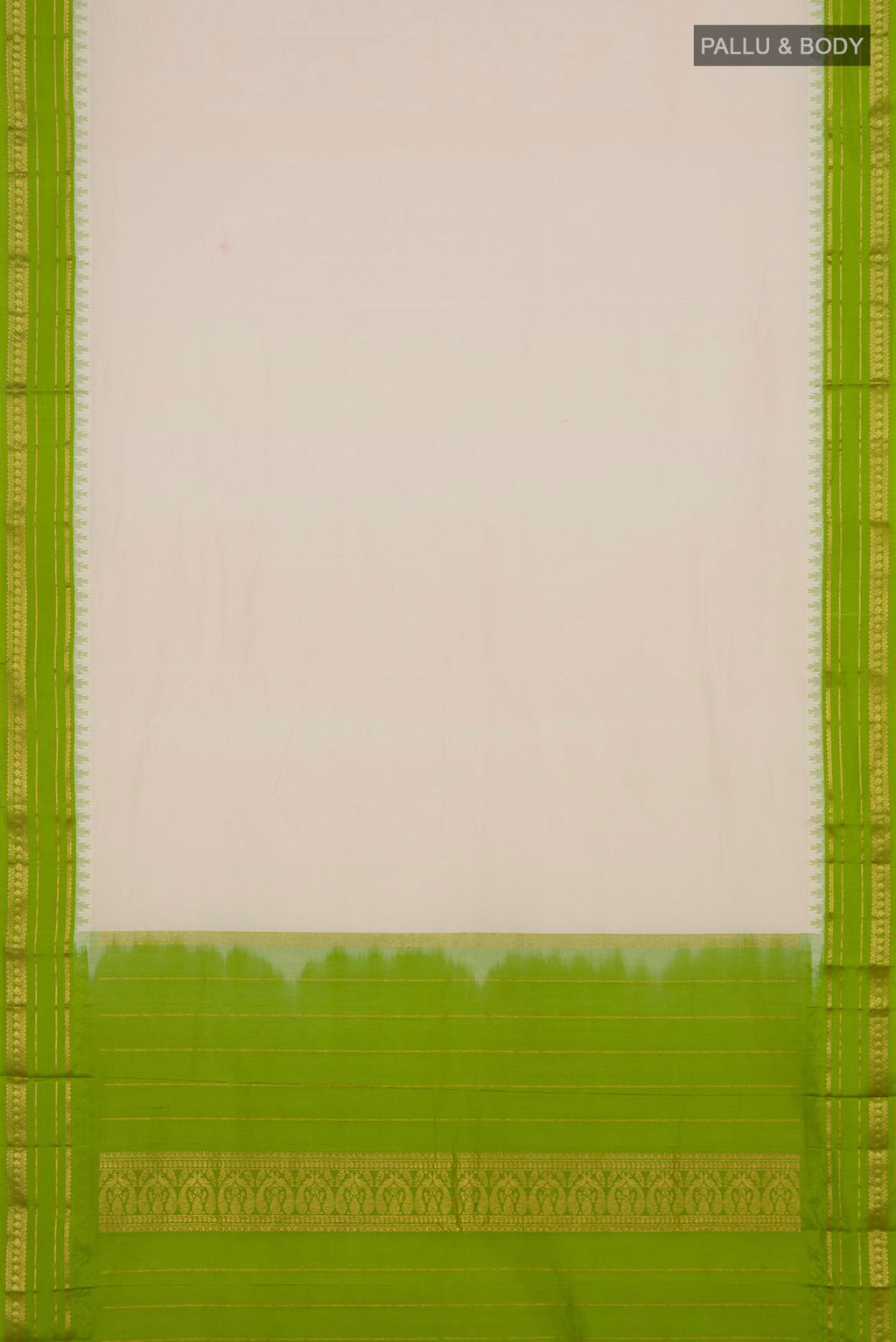 Flat view of Cream Bangalore Silk Saree with Plain Body and Thin Zari Line. 