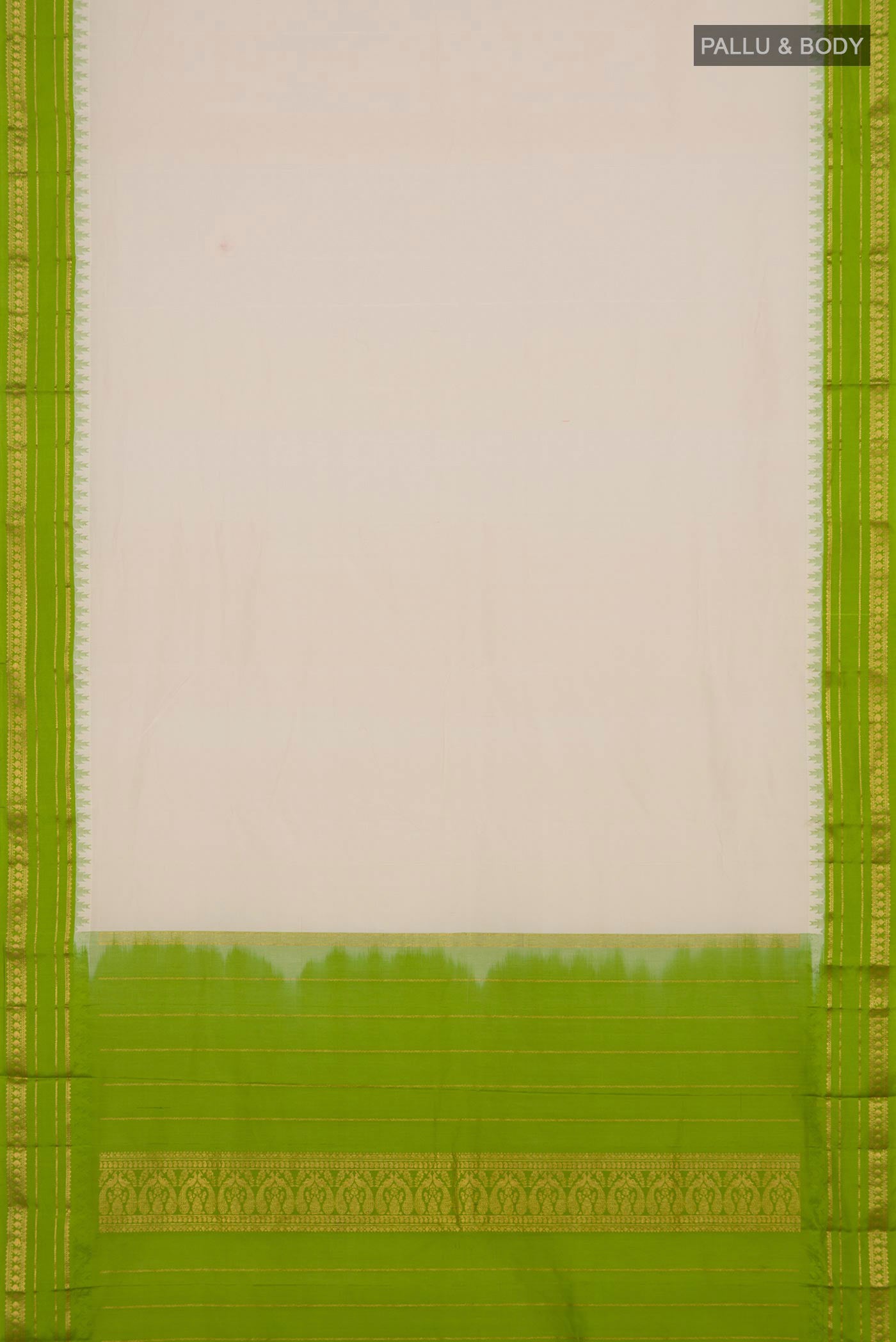 Flat view of Cream Bangalore Silk Saree with Plain Body and Thin Zari Line. 