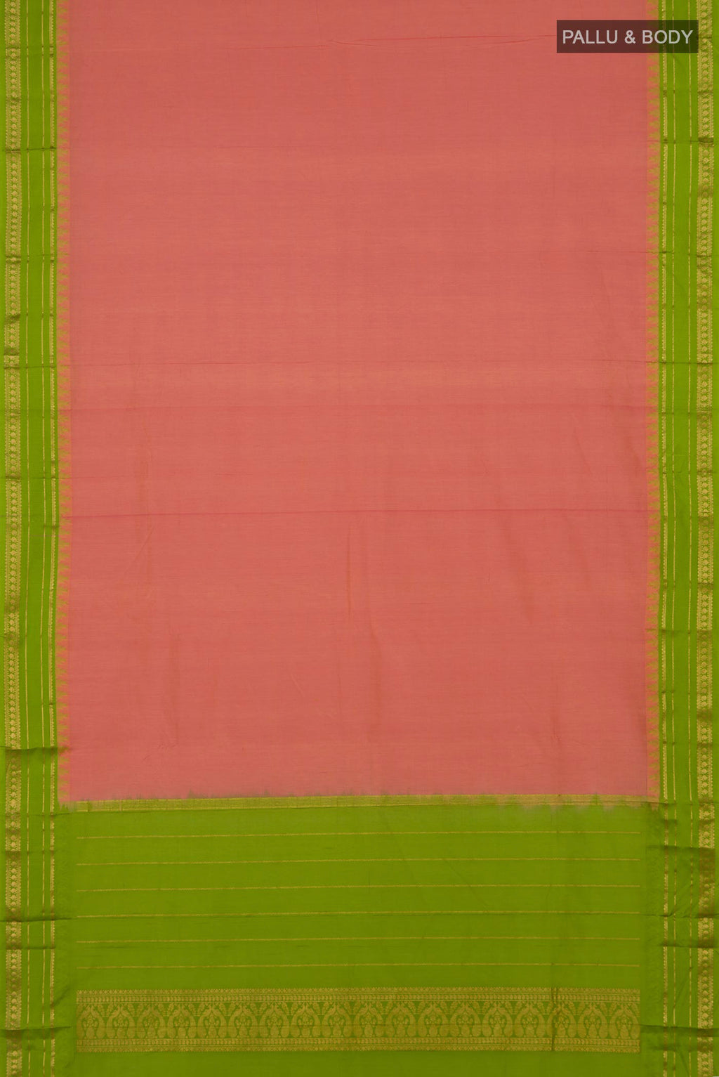 Flat view of Peach Bangalore Silk Saree with Plain Body and Thin Zari Line. 