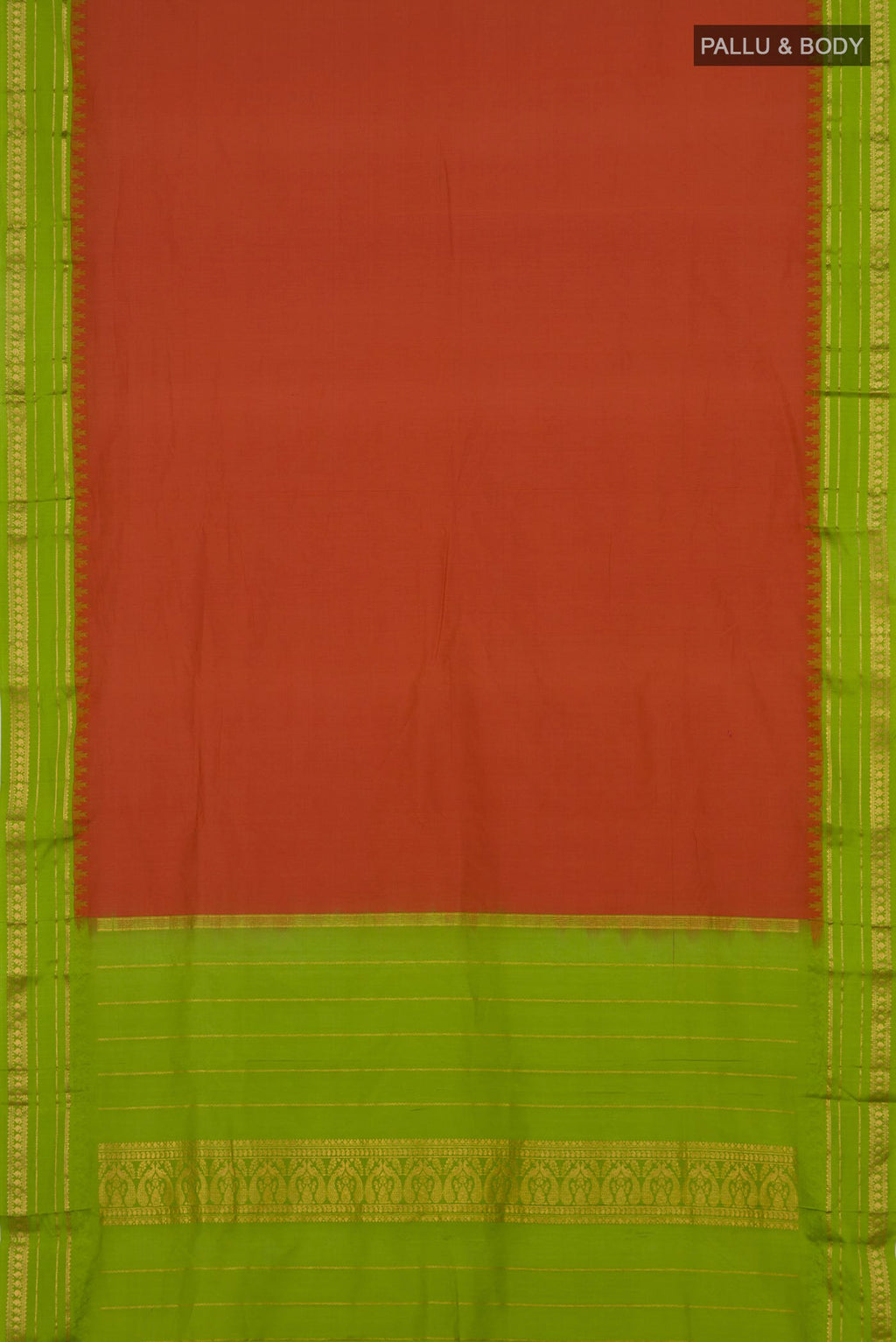 Flat view of Rust Bangalore Silk Saree with Plain Body and Thin Zari Line. 